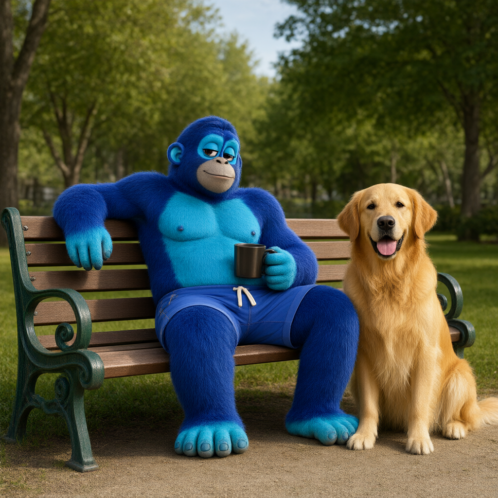 Ronke relaxing on a park bench with a golden retriever